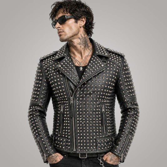 New men's black studded leather biker jacket in genuine leather with silver studs and biker styling.