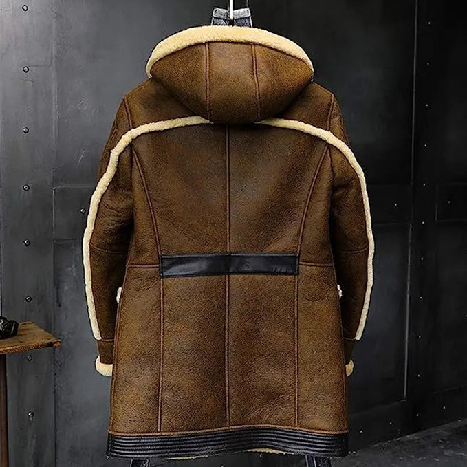 New Men's Hooded Shearling Sheepskin Coat - Long Fur Luxury