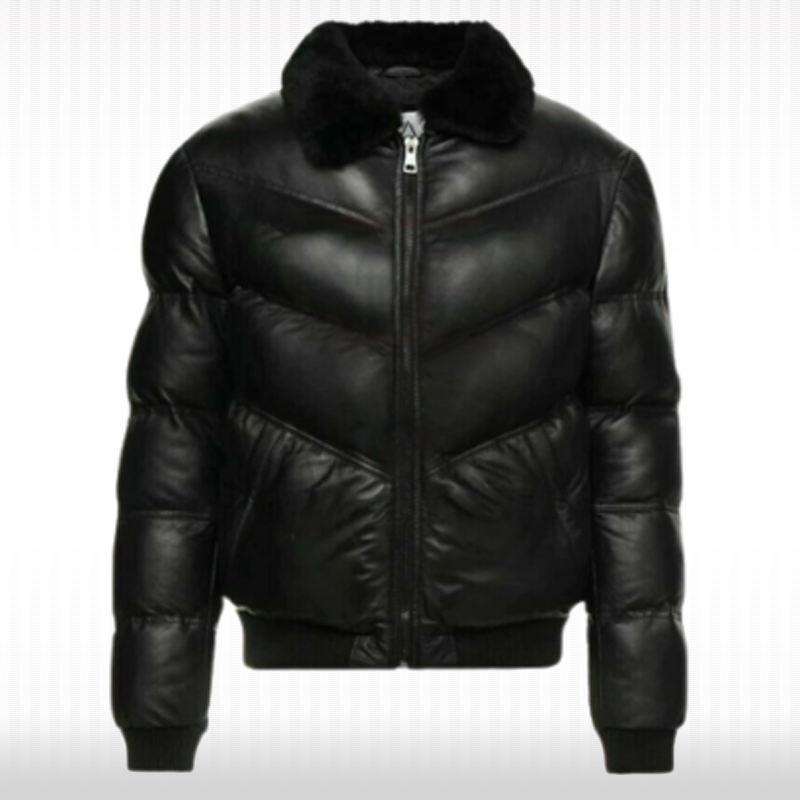 New Men's Genuine Lamb Skin Leather Puffer Jacket with Fur Collar