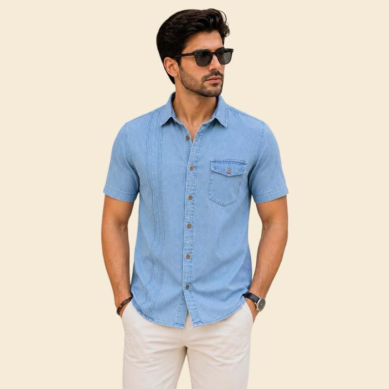 New mens light blue denim shirt short sleeve western style by Jackets Kingdom