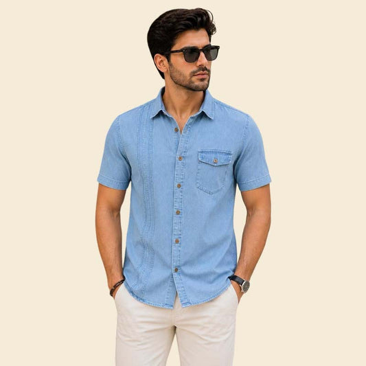 New mens light blue denim shirt short sleeve western style by Jackets Kingdom