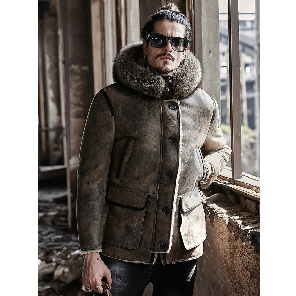 New Men's Hooded Sheepskin Shearling Coat with Raccoon Fur Collar