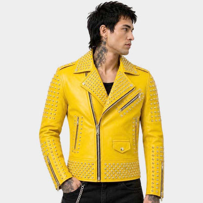 New men's yellow studded leather biker jacket with silver dome studs by Jackets Kingdom