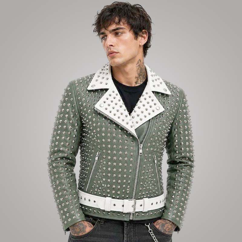 New olive green studded leather biker jacket for men with silver spikes and white belt by Jackets Kingdom