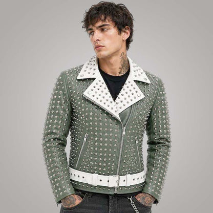 New olive green studded leather biker jacket for men with silver spikes and white belt by Jackets Kingdom