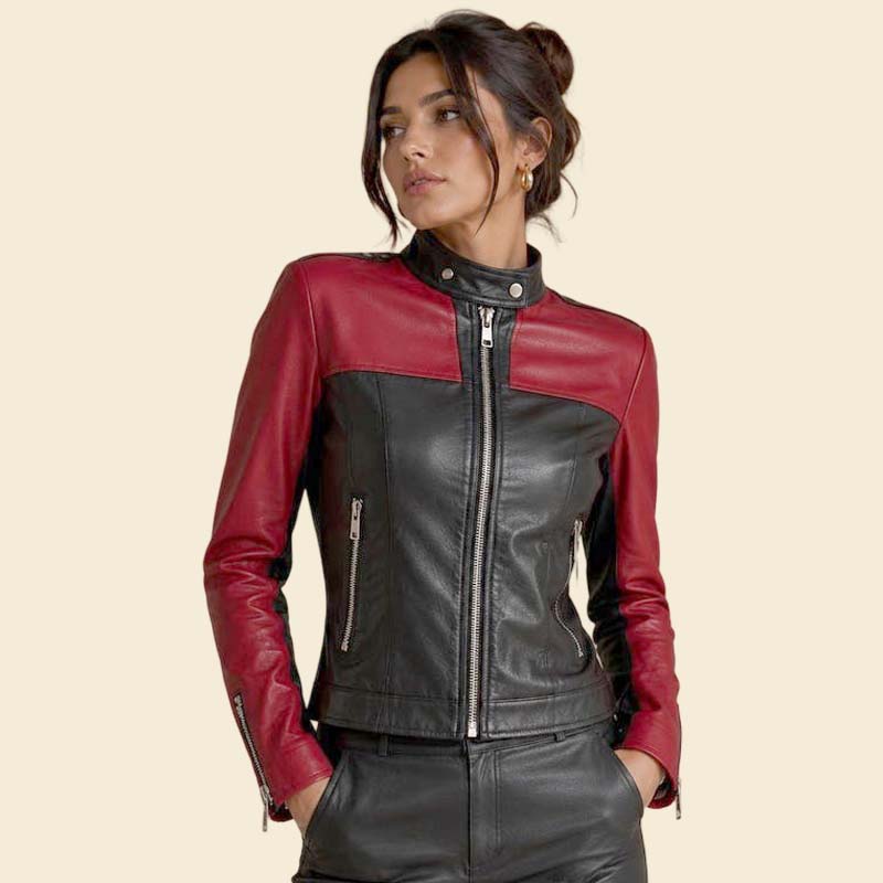 New red and black leather biker jacket women slim fit moto style by Jackets Kingdom