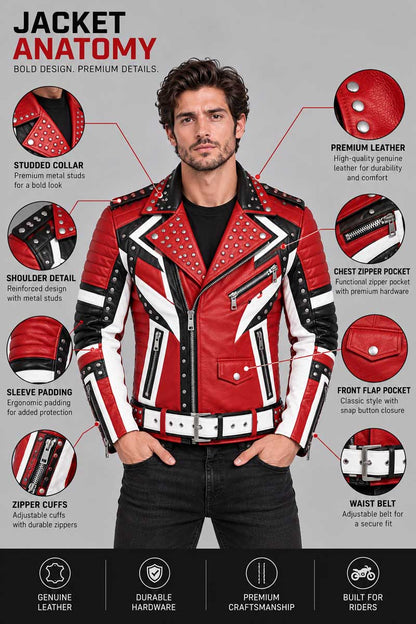 Men's Red Cowhide Leather Biker Jacket with Silver Studs, Spikes and Racing Stripes