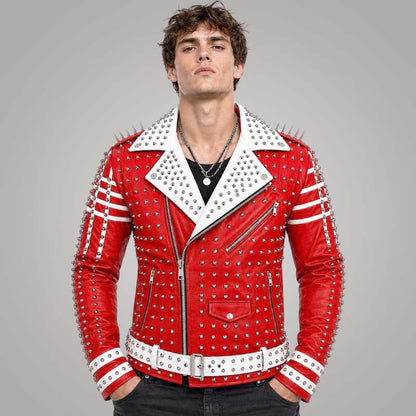New men's red studded leather biker jacket with silver spikes and racing stripes by Jackets Kingdom