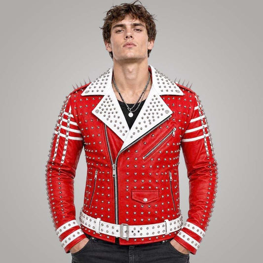 New men's red studded leather biker jacket with silver spikes and racing stripes by Jackets Kingdom