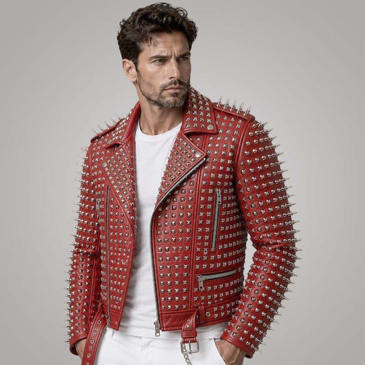 New red studded leather biker jacket for men featuring premium leather and heavy silver spike detailing.