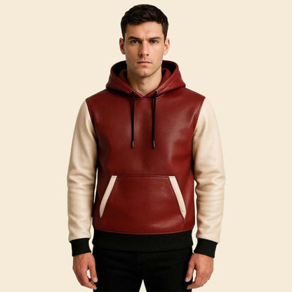 New red and white sheepskin leather hoodie luxury outerwear by Jackets Kingdom