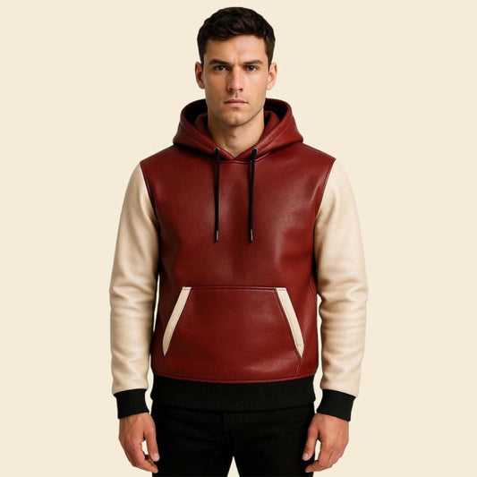 New red and white sheepskin leather hoodie luxury outerwear by Jackets Kingdom