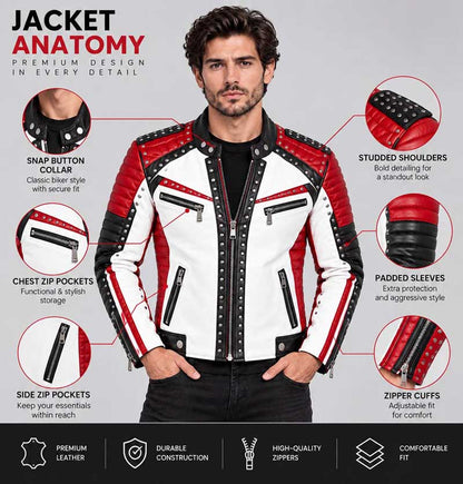 Men's White Red Black Studded Cowhide Leather Biker Jacket with Quilted Moto Design