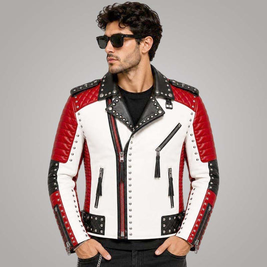 New men's studded leather biker jacket in white red and black genuine cowhide leather by Jackets Kingdom