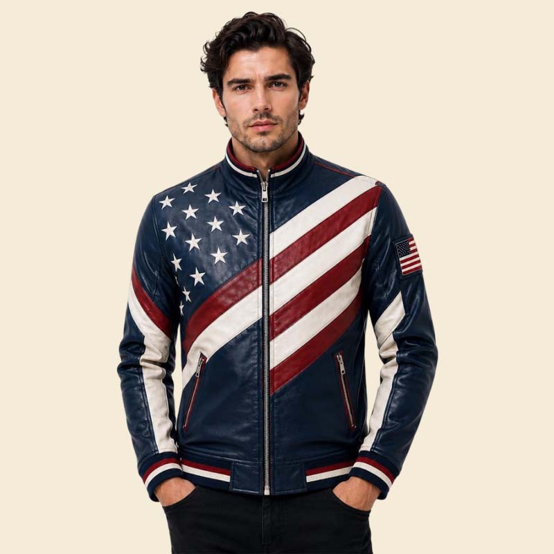 New handmade USA flag leather moto jacket for men by Jackets Kingdom