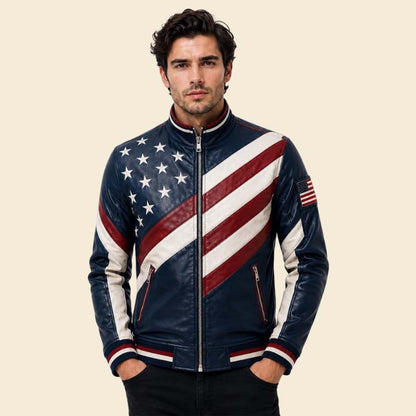 New handmade USA flag leather moto jacket for men by Jackets Kingdom