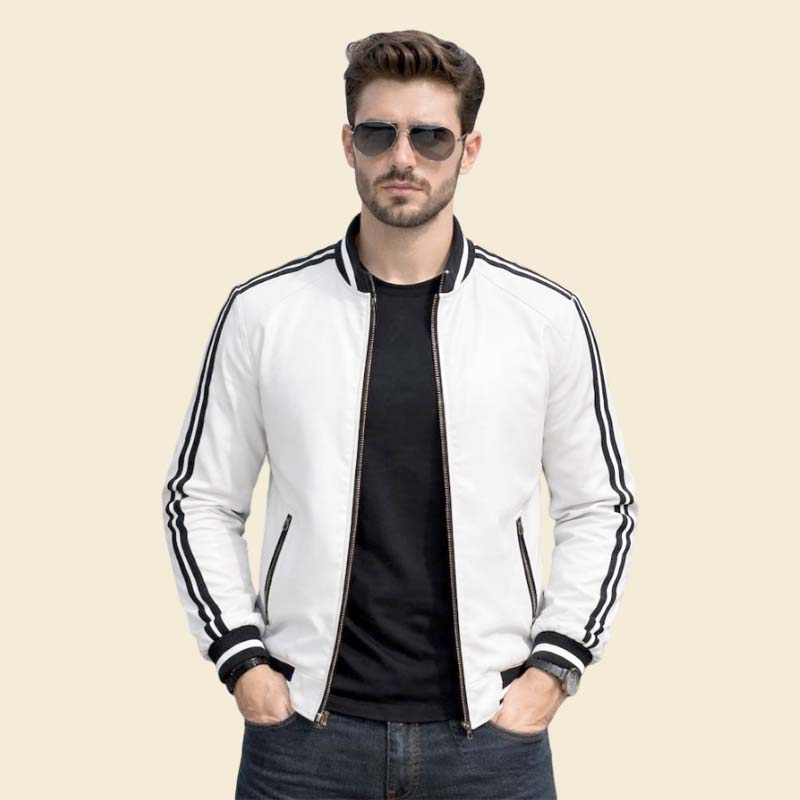 New white leather bomber jacket men black stripe slim fit by Jackets Kingdom