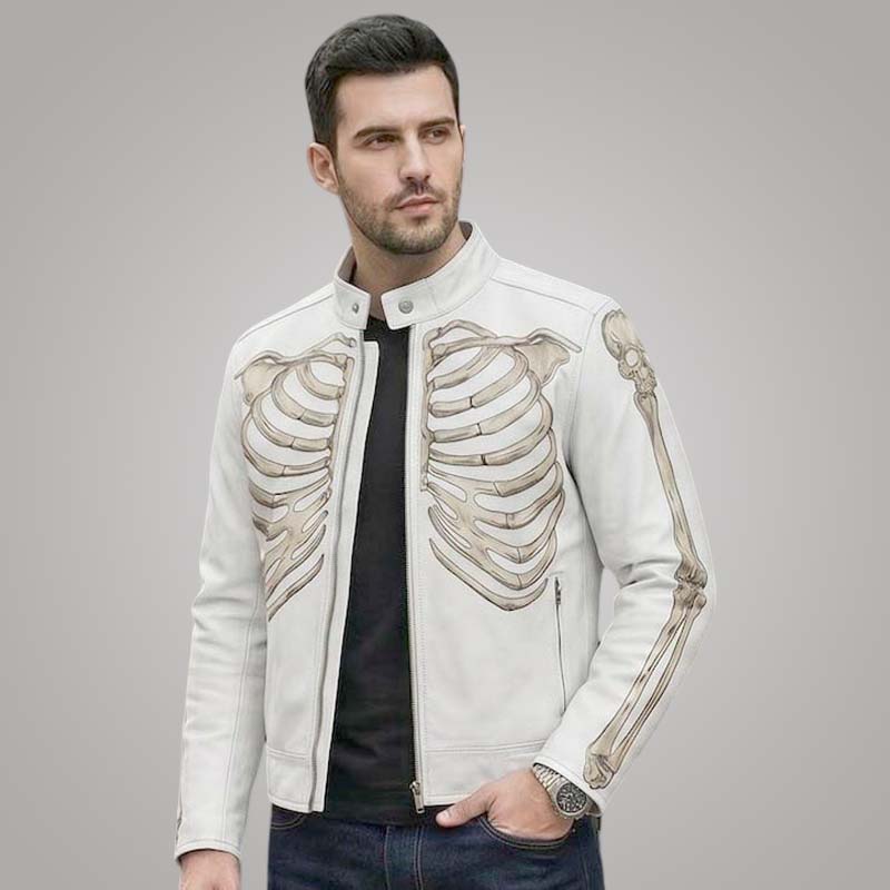 New white leather cafe racer jacket for men with skeleton punk artwork by Jackets Kingdom
