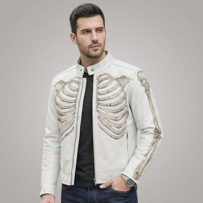 New white leather cafe racer jacket for men with skeleton punk artwork by Jackets Kingdom