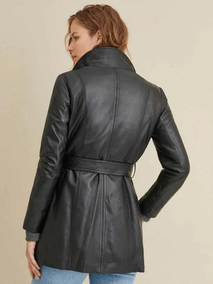 new womens black plain leather coat