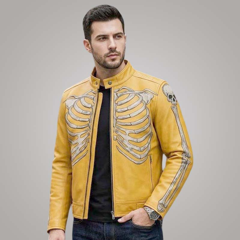 New yellow leather cafe racer jacket for men with skeleton punk artwork by Jackets Kingdom