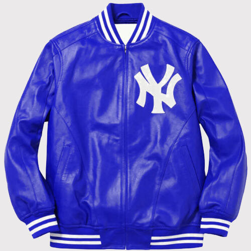 NY Yankees Letterman Varsity Leather Jacket - Blue with Logo Patches