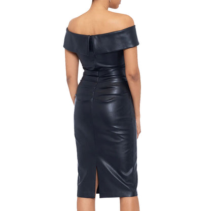 Off-The-Shoulder Black Cocktail Leather Dress