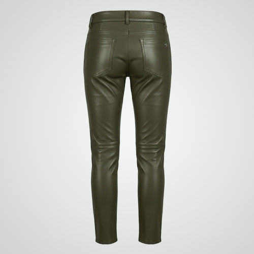 Slim fit olive green leather trousers with buckle waist straps