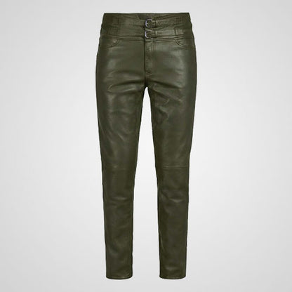 Olive green genuine leather pants with slim fit design