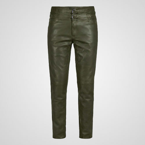Olive green genuine leather pants with slim fit design