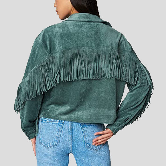 Women's Olive Suede Leather Fringe Shirt Jacket