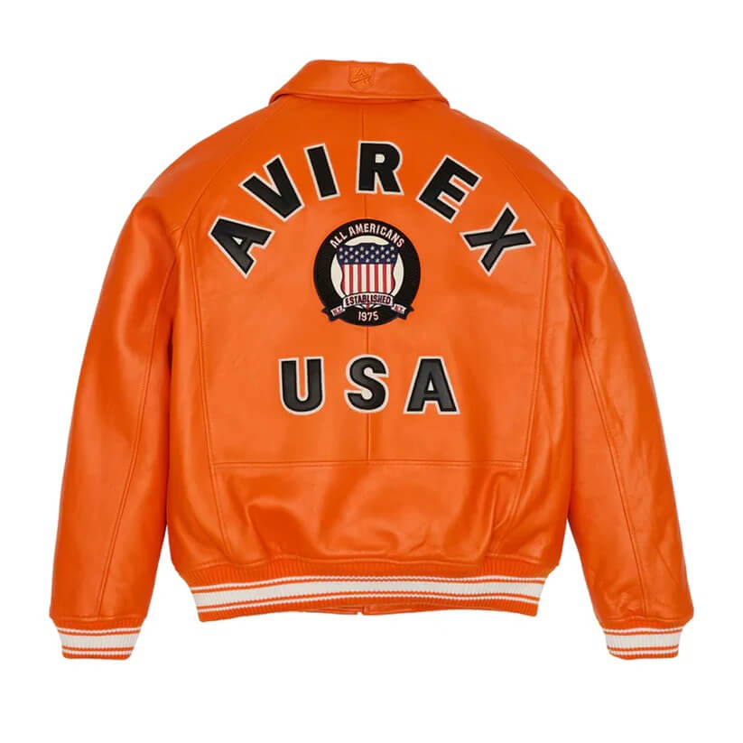 Orange Letterman Leather Bomber Avirex Icon Jacket