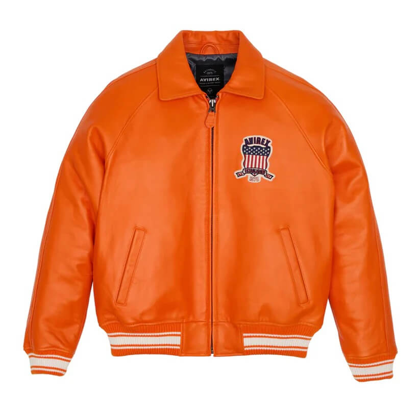 Orange Letterman Leather Bomber Avirex Icon Jacket