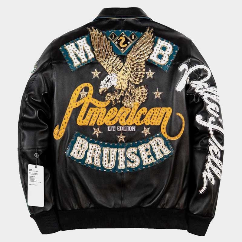 Pelle Pelle American Bruiser Black Leather Jacket Mens Embroidered
