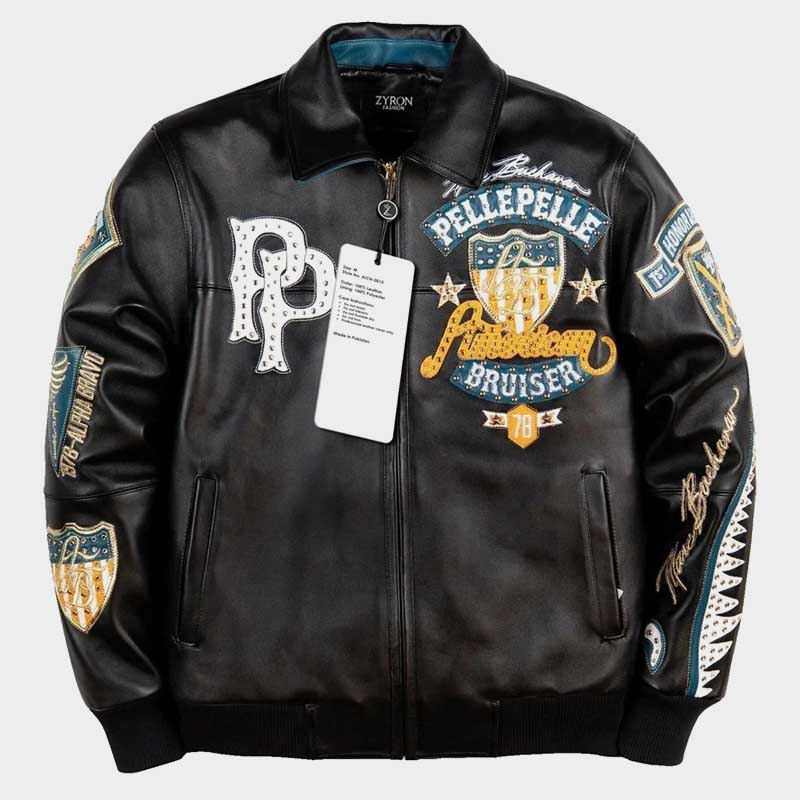 Pelle Pelle American Bruiser Black Leather Jacket Mens Embroidered