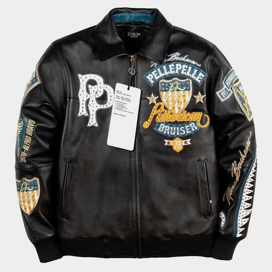 Pelle Pelle American Bruiser Black Leather Jacket Mens Embroidered