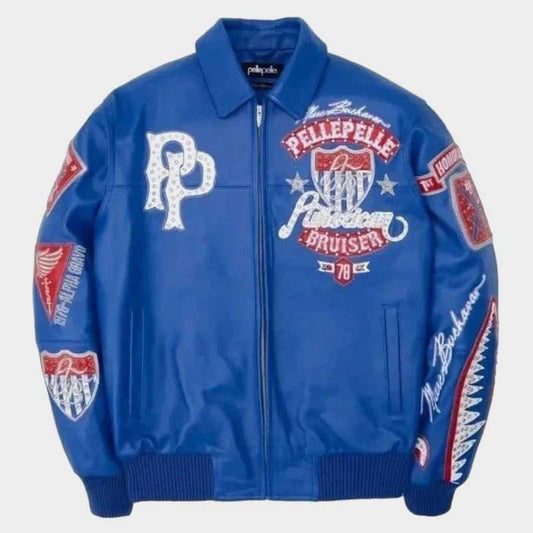Pelle Pelle American Bruiser Blue Leather Jacket Eagle Studded for Men
