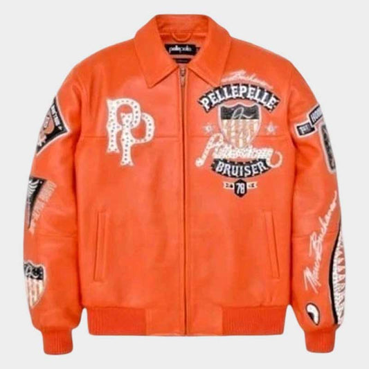 Pelle Pelle American Bruiser Orange Leather Jacket Eagle Studded for Men