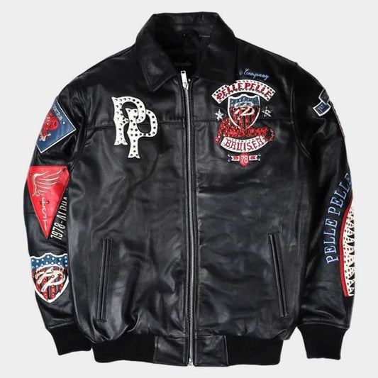 Pelle Pelle Black American Bruiser Plush Leather Jacket for Men Street Fashion