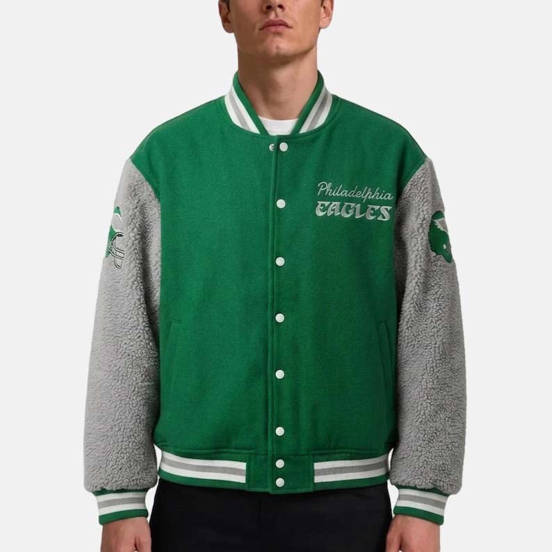 Philadelphia Eagles 90s vintage varsity jacket in green and gray with retro detailing