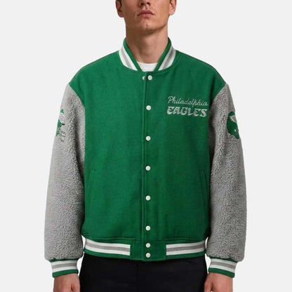 Philadelphia Eagles 90s vintage varsity jacket in green and gray with retro detailing