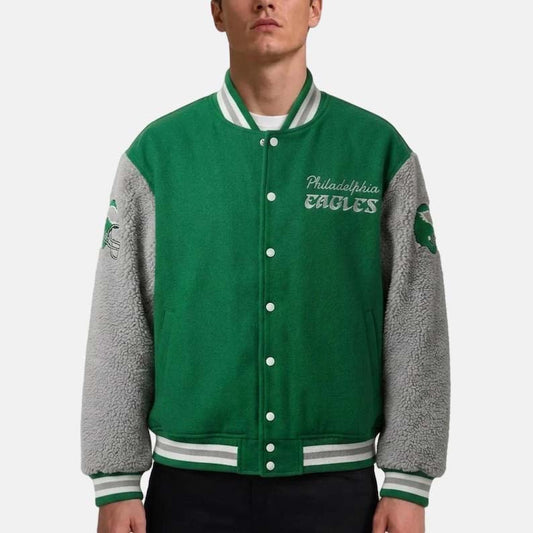 Philadelphia Eagles 90s vintage varsity jacket in green and gray with retro detailing
