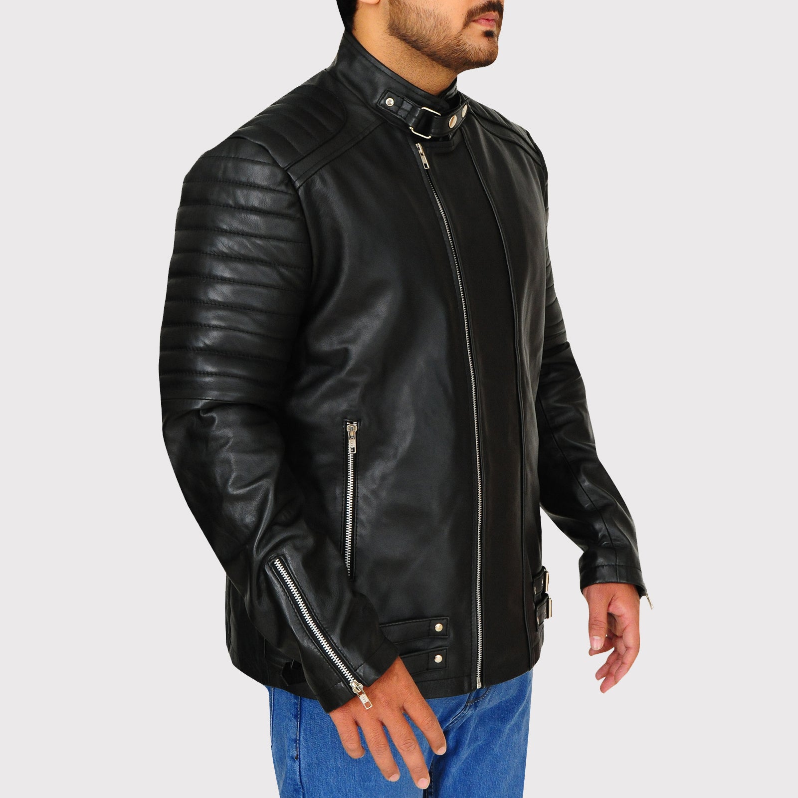 Pitch Black Snap Tab Leather Jacket - Stylish Outerwear