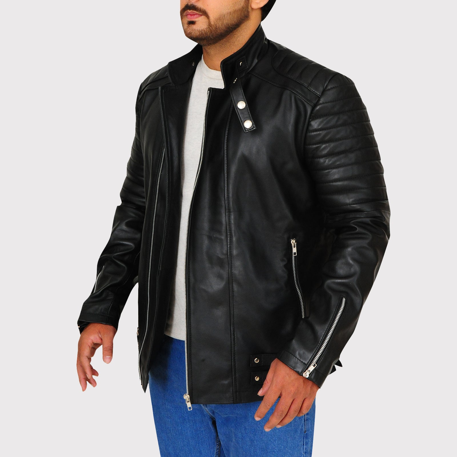 Pitch Black Snap Tab Leather Jacket - Stylish Outerwear