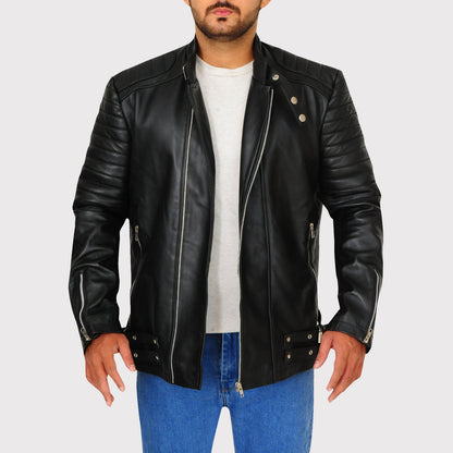 Pitch Black Snap Tab Leather Jacket - Stylish Outerwear