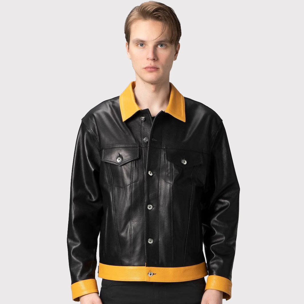 Black Leather Trucker Jacket for Men