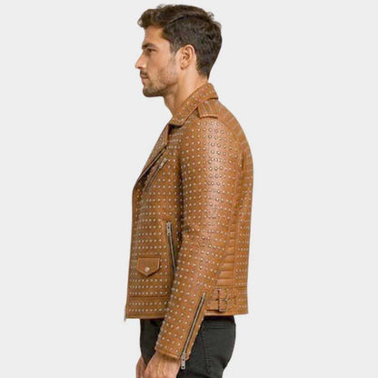 Premium brown motorcycle leather coat with asymmetrical zipper and stud details by Jackets Kingdom