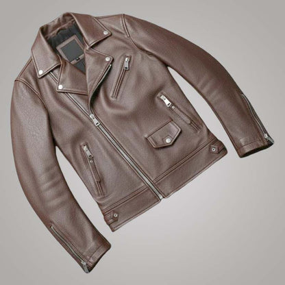 Premium genuine leather biker jacket in rich brown finish by Jackets Kingdom