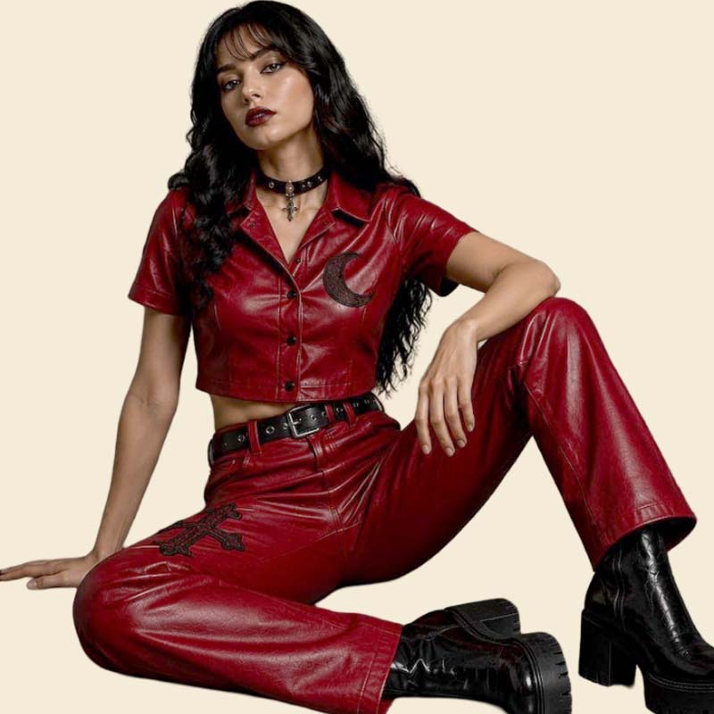 Premium handcrafted gothic leather pants and cropped top set for women with bold alternative styling by Jackets Kingdom