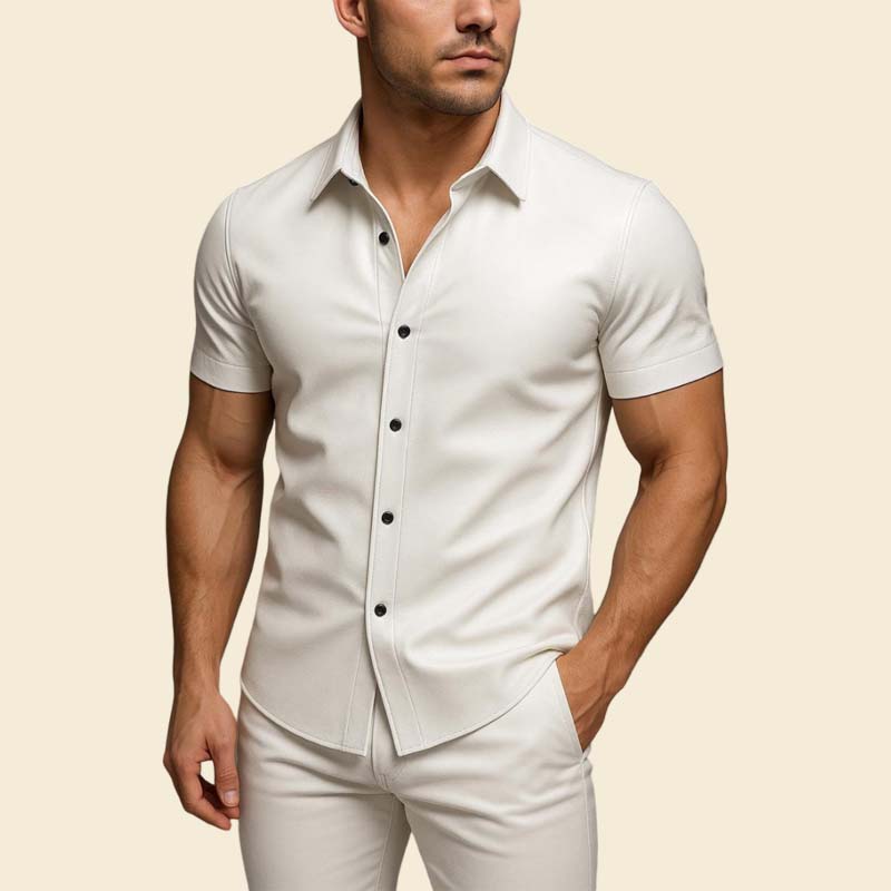 Premium men white sheep leather short sleeve shirt handcrafted by Jackets Kingdom